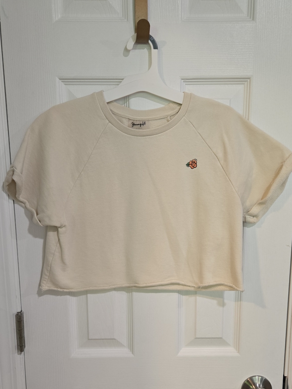 YoungLA Cream Cropped Sweatshirt with Rose Patch
